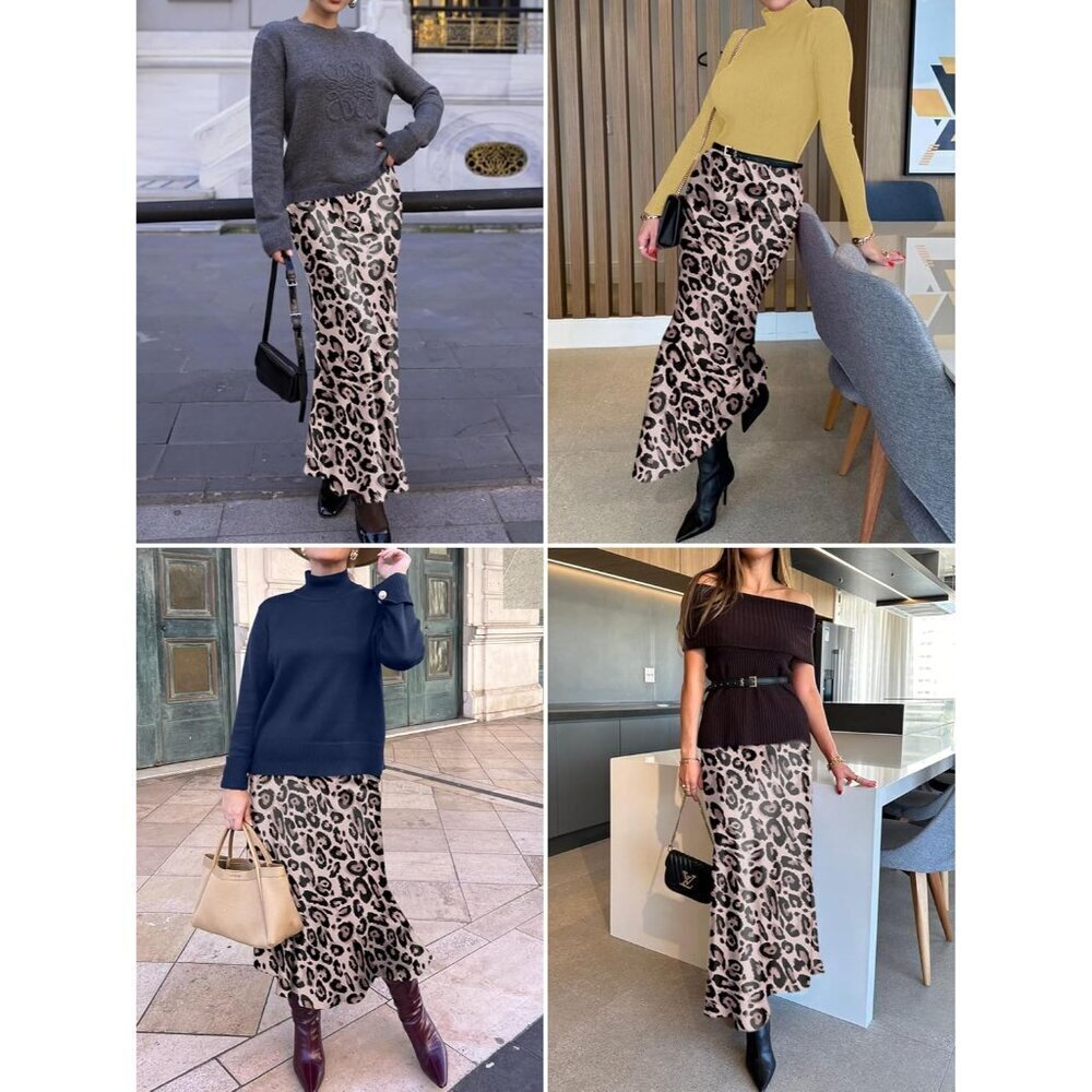 Elegant Satin Maxi Skirt for Women High Waisted Leopard Silk Fall Dressy Casul - Picture 3 of 7